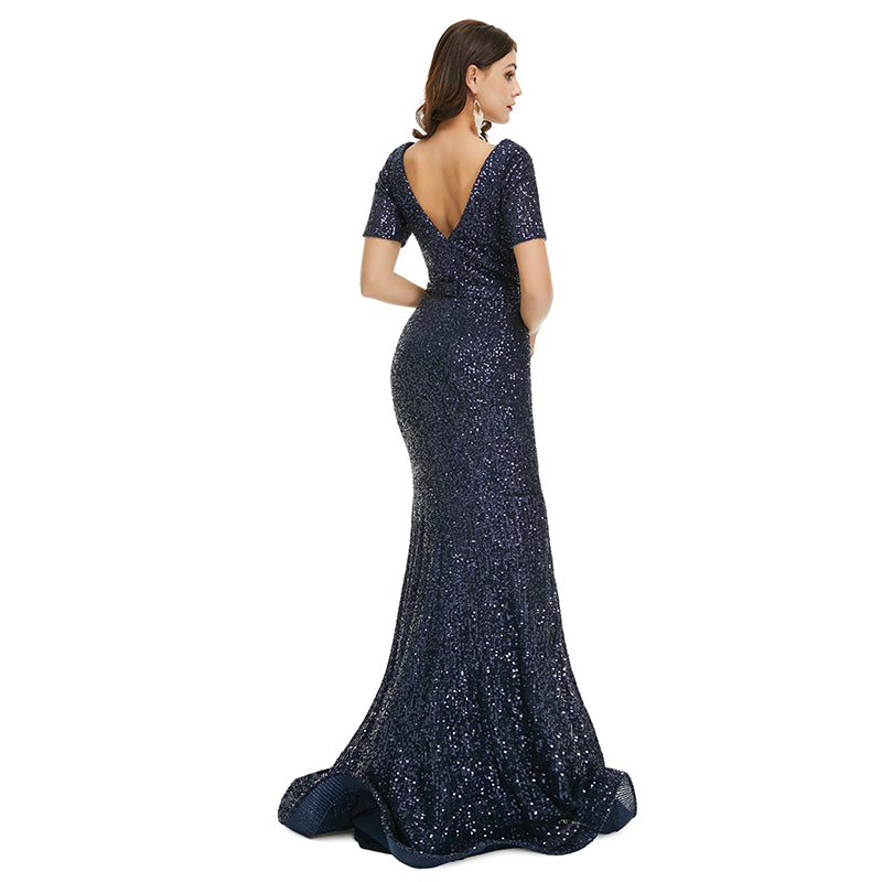 Sexy Navy Blue Sparkly Maxi Fitted Formal Evening Dress EN5001