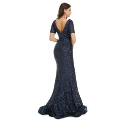 Sexy Navy Blue Sparkly Maxi Fitted Formal Evening Dress EN5001