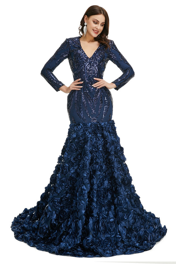 Navy Blue Sparkly Fitted Long Evening Dress with Rosette Skirt EN5006
