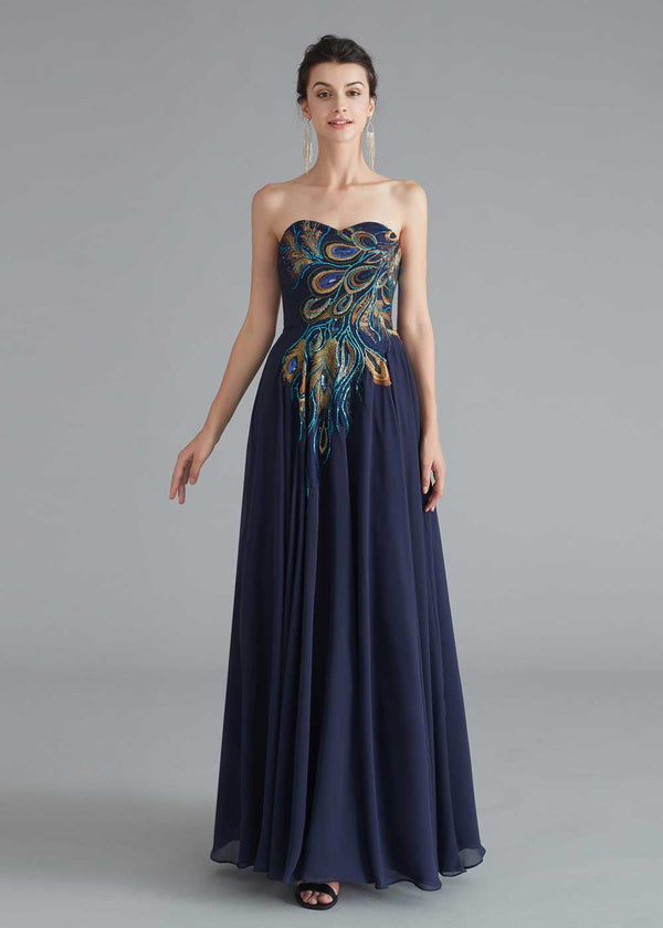 Strapless Navy Chiffon Peacock Style Formal Evening Dress