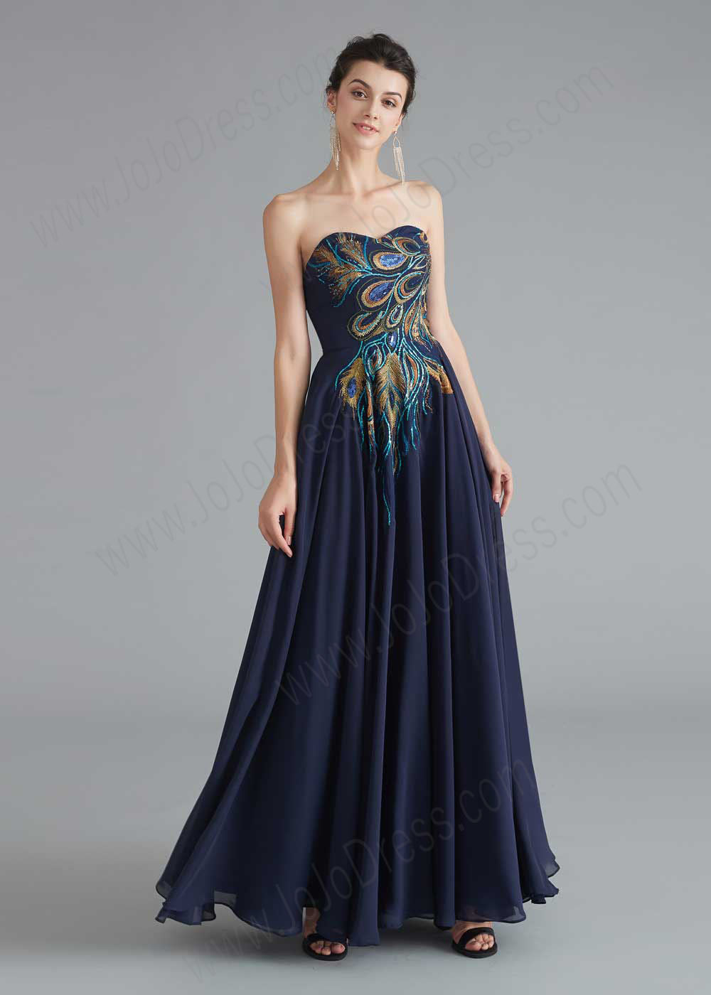 Strapless Navy Chiffon Peacock Style Formal Evening Dress Size 4 / Navy Strapless Navy Chiffon Peacock Style Formal Evening Dress Size 4 / Navy