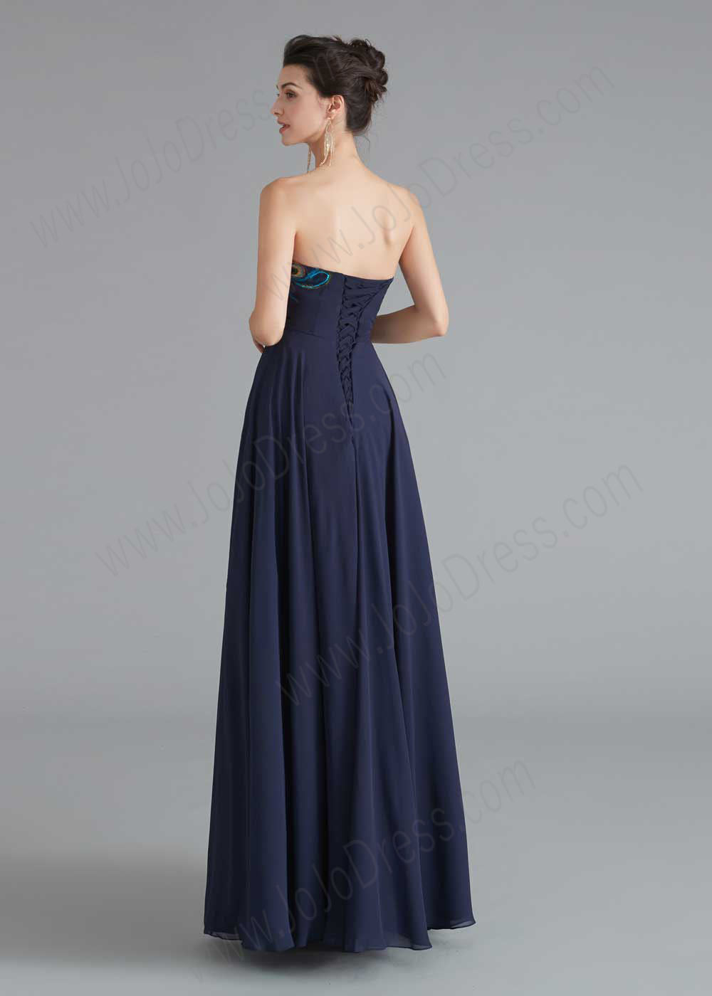 Strapless Navy Chiffon Peacock Style Formal Evening Dress
