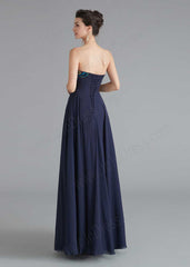 Strapless Navy Chiffon Peacock Style Formal Evening Dress