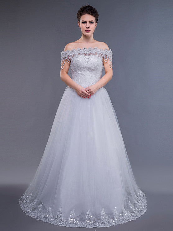 White Off Shoulder Debutante Ball Gown Dress