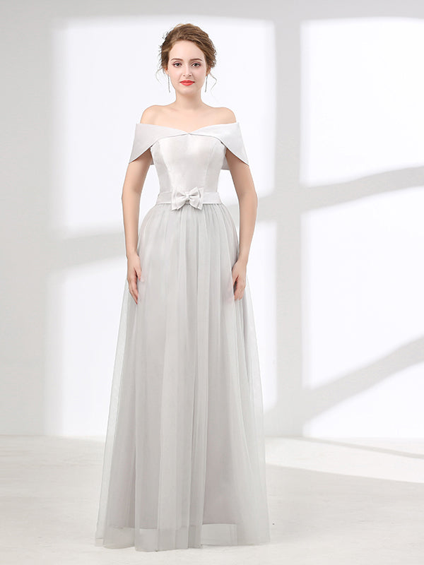 Off Shoulder Gray Formal Floor Length Evening Dress