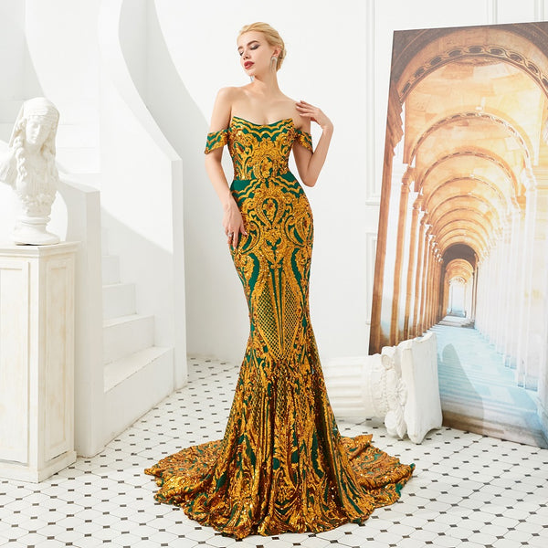 Green Maxi Mermaid Gala Formal Evening Dress with Gold Lace EN4812