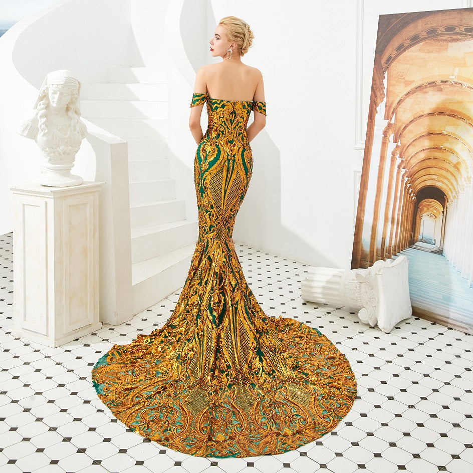 off-shoulder-green-gold-