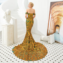 Green Maxi Mermaid Gala Formal Evening Dress with Gold Lace EN4812