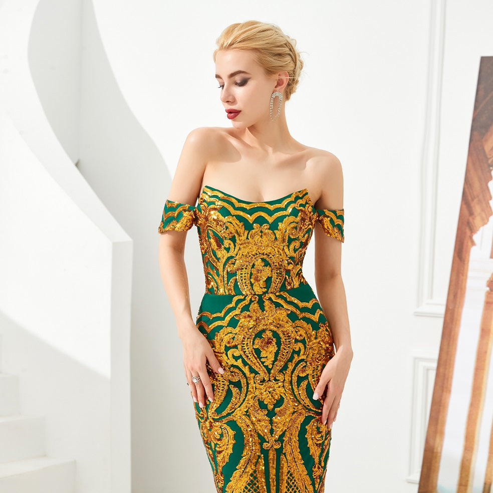 Green Maxi Mermaid Gala Formal Evening Dress with Gold Lace EN4812