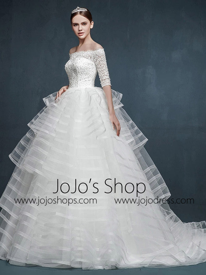 Half Sleeve Off Shoulder Modern Striped Ball Gown Dress