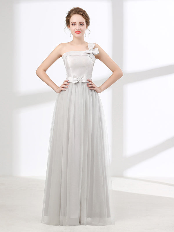 One Shoulder Soft Gray Floor Length Prom Evening Dress 