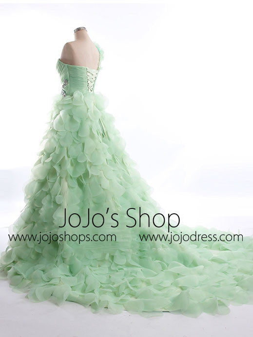 One Shoulder Green Petal Whimsical Formal Prom Evening Dress RS5003