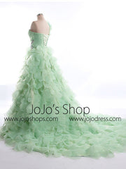 One Shoulder Green Petal Whimsical Formal Prom Evening Dress RS5003