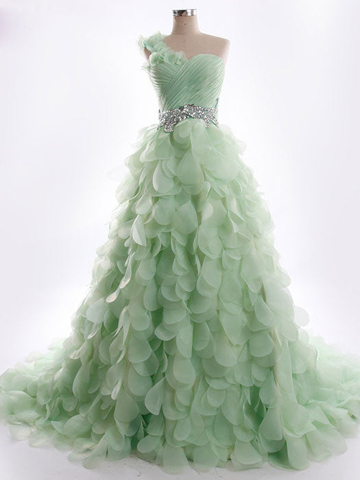 One Shoulder Green Petal Whimsical Formal Prom Evening Dress RS5003