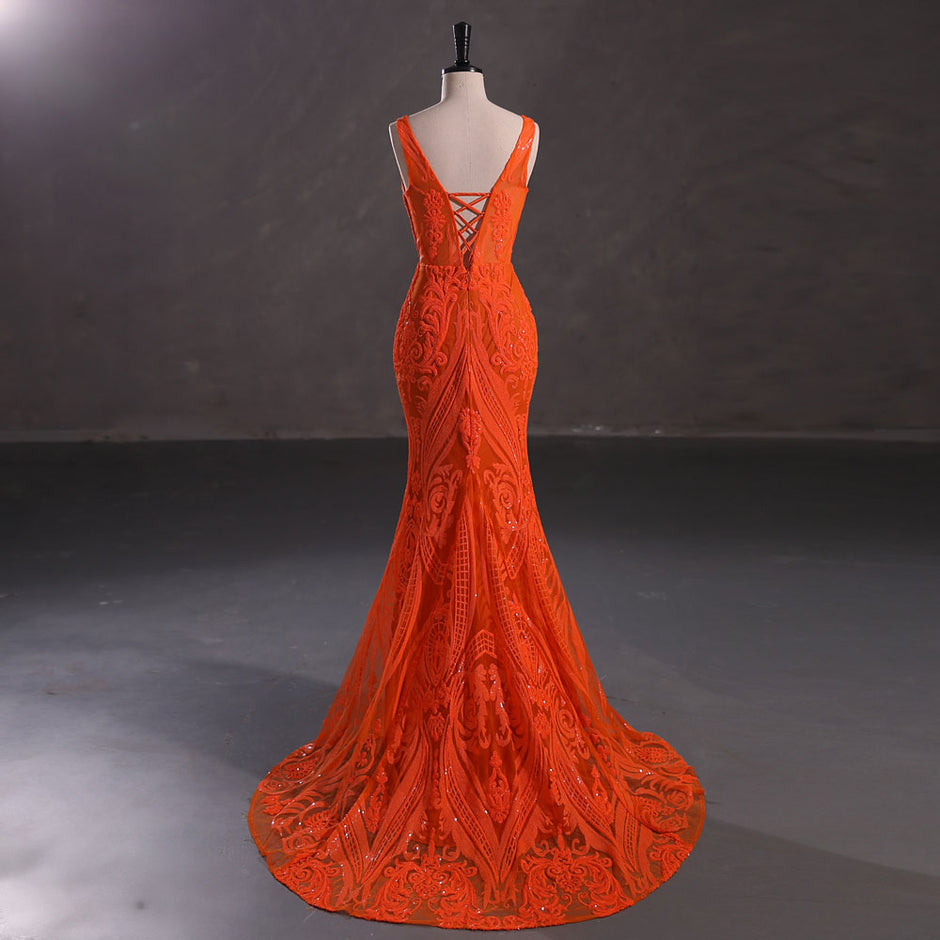 Neon Orange Sequins Maxi Mermaid Formal Prom Evening Dress EN5409 Size 2 / Orange Neon Orange Sequins Maxi Mermaid Formal Prom Evening Dress EN5409 Size 2 / Orange