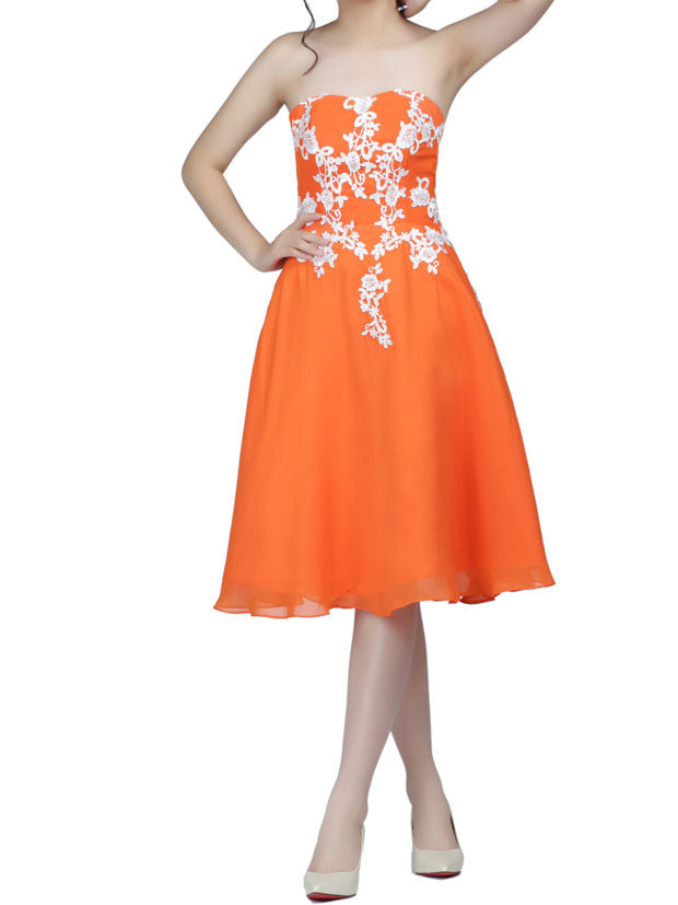 Strapless Orange Short Chiffon Lace Formal Dress