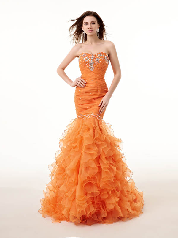 Strapless Orange Mermaid Ruffle Formal Prom Homecoming Dress