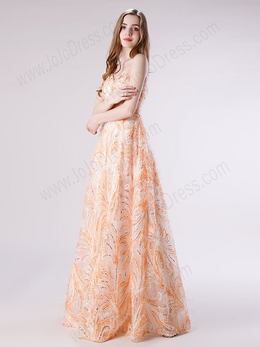 Peach Lace Formal Prom Dress with Thin Straps