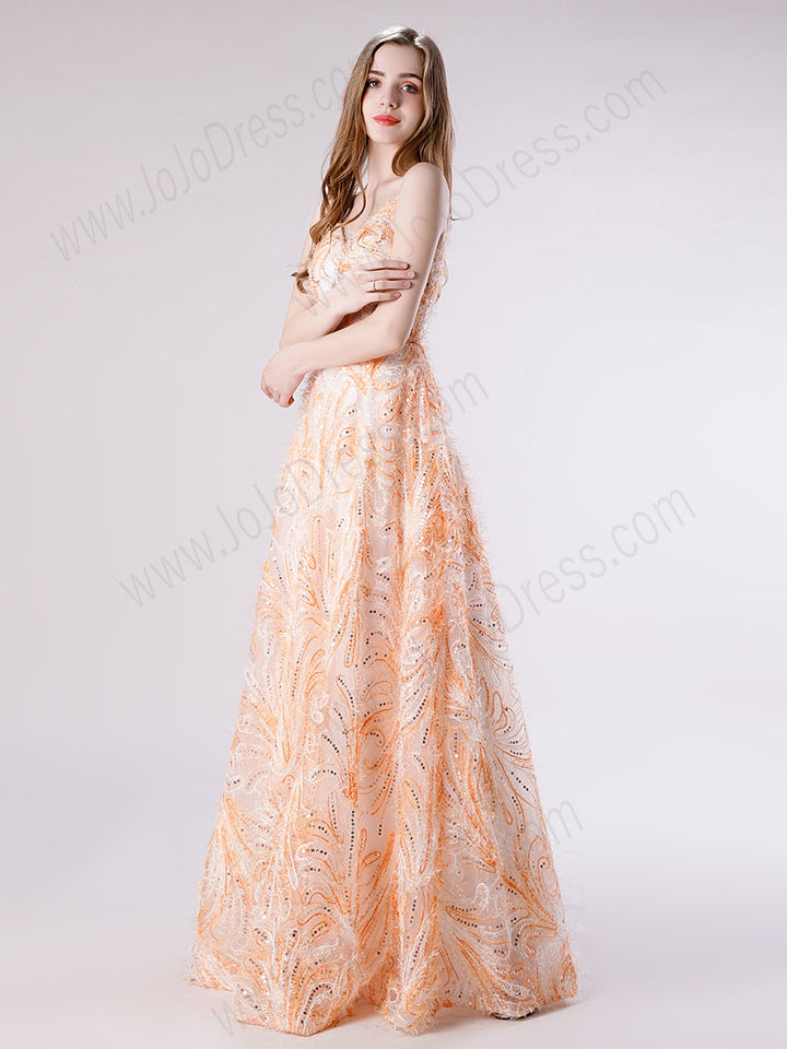 Peach Lace Formal Prom Dress with Thin Straps