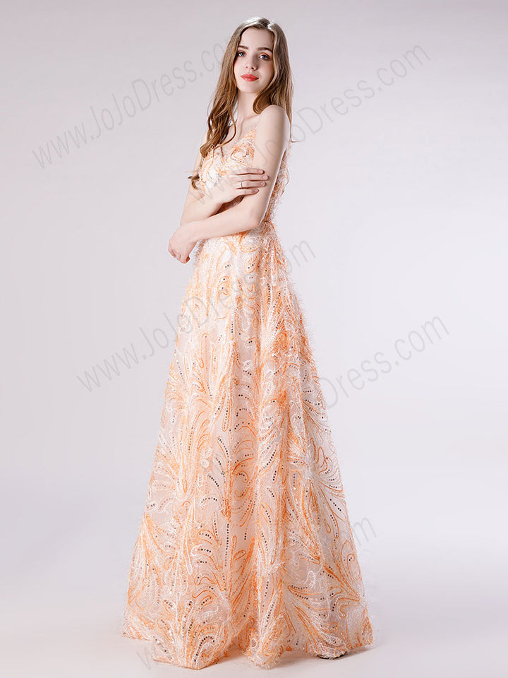 Peach Lace Formal Prom Dress with Thin Straps