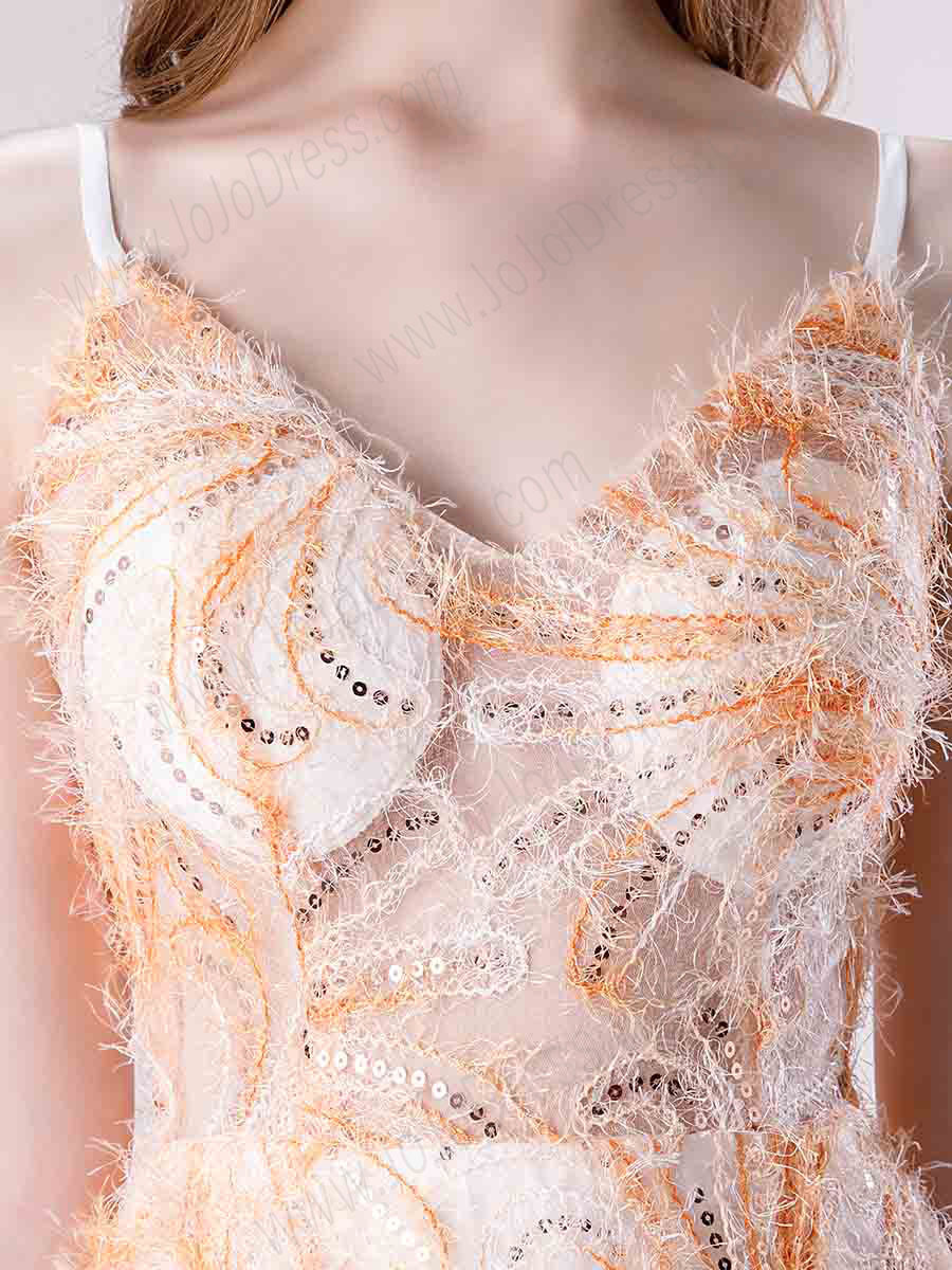 Peach Lace Formal Prom Dress with Thin Straps