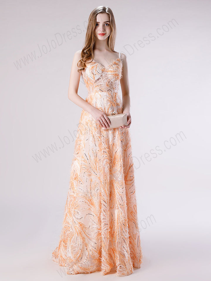 Peach Lace Formal Prom Dress with Thin Straps
