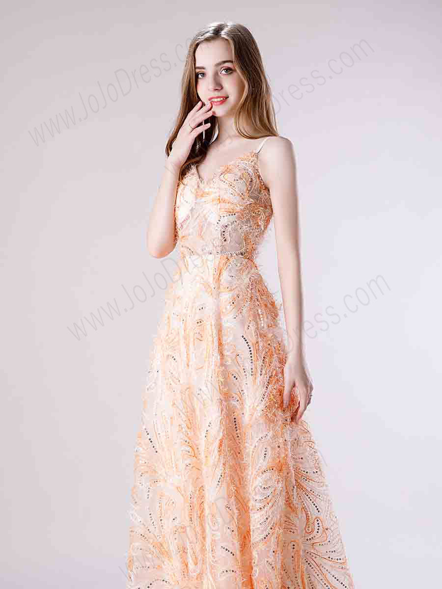 Peach Lace Formal Prom Dress with Thin Straps