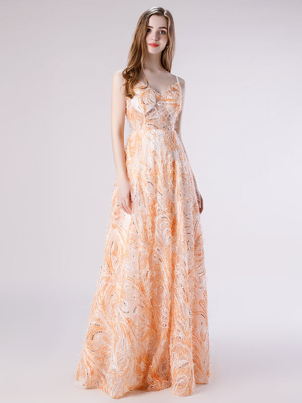 Peach Lace Formal Prom Dress with Thin Straps