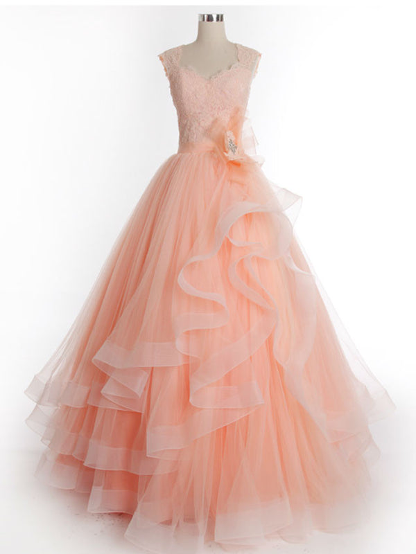 Peach Lace Princess Prom Formal Dress with Cap Sleeves