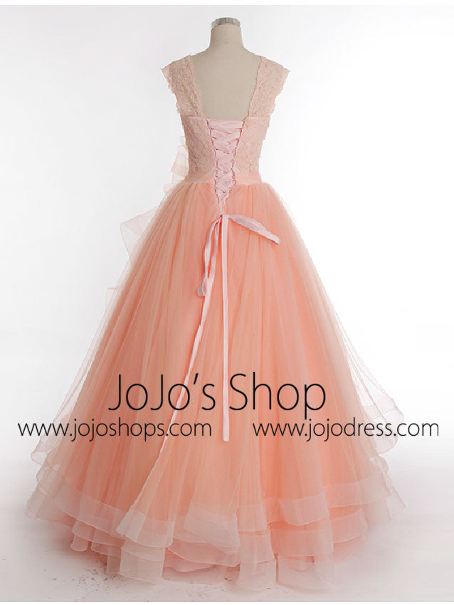 Peach Lace Princess Prom Formal Dress with Cap Sleeves