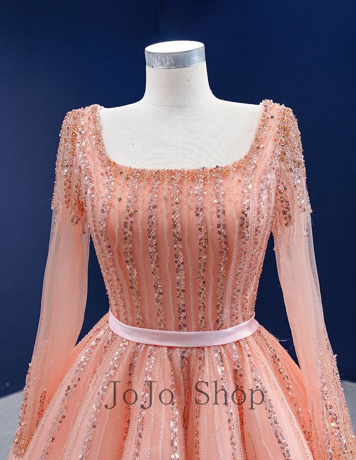 Peach Long Sleeves Formal Evening Dress RS210102