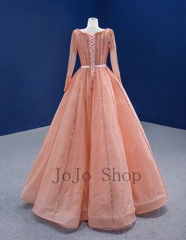 Peach Long Sleeves Formal Evening Dress RS210102