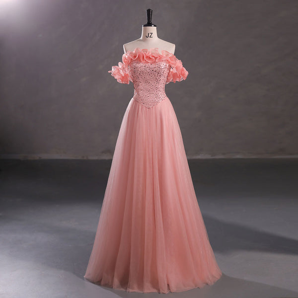 Peach Maxi Formal Prom Dress with Off the Shoulder Neckline EN5403