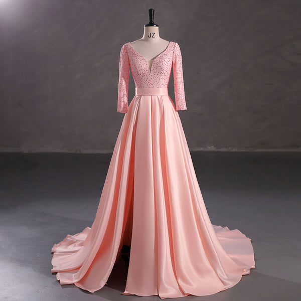 Peach Satin Lace Ball Gown Formal Prom Dress EN5407