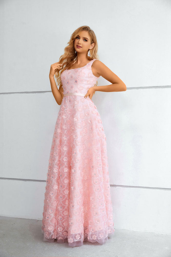 Pink Floral Maxi Long Prom Formal Evening Dress with Side Slit EN5609