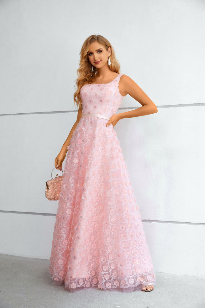 Pink Floral Maxi Long Prom Formal Evening Dress with Side Slit EN5609