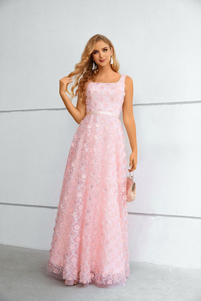 Pink Floral Maxi Long Prom Formal Evening Dress with Side Slit EN5609