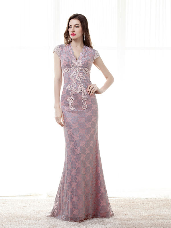 Pink Lace Formal Evening Dress with Cap Sleeves