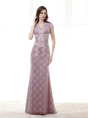 Pink Lace Formal Evening Dress with Cap Sleeves
