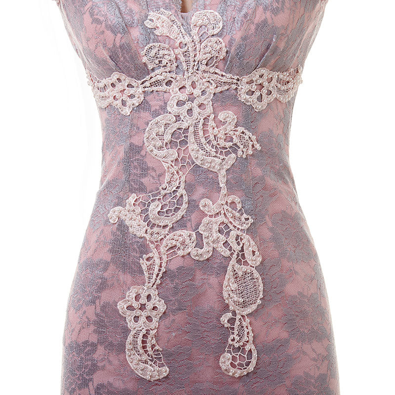 Pink Lace Formal Evening Dress with Cap Sleeves