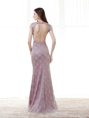 Pink Lace Formal Evening Dress with Cap Sleeves