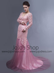 Pink Long Sleeves Open Back Mermaid Prom Formal Evening Dress