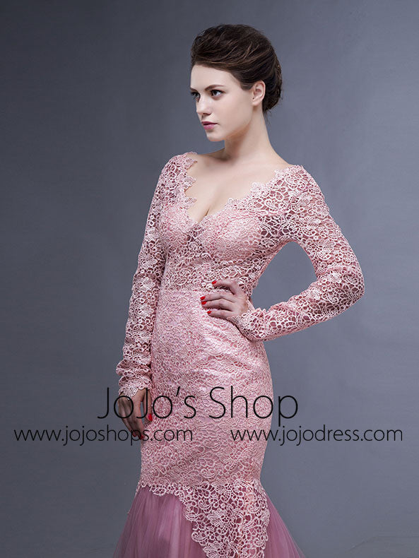 Pink Long Sleeves Open Back Mermaid Prom Formal Evening Dress