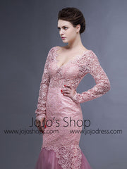 Pink Long Sleeves Open Back Mermaid Prom Formal Evening Dress