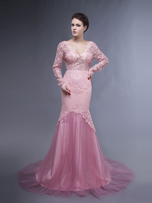 Pink Long Sleeves Open Back Mermaid Prom Formal Evening Dress