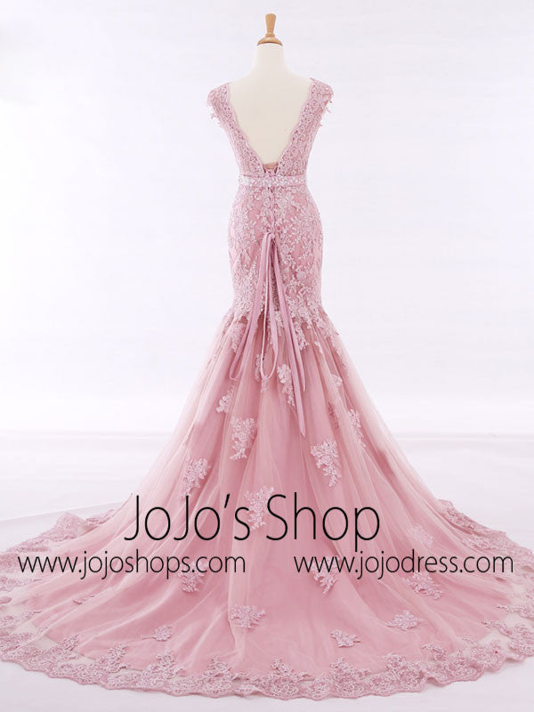 Pink Lace Mermaid Evening Gown with Open Back