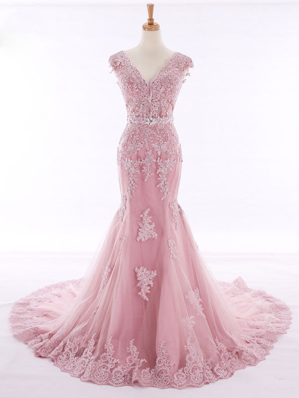Pink Lace Mermaid Evening Gown with Open Back