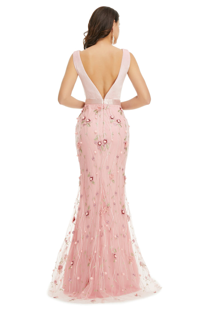 Pink Maxi Long Formal Prom Evening with Plunging Neck EN5004