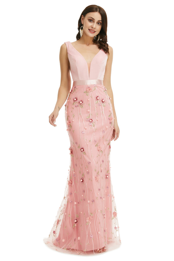 Pink Maxi Long Formal Prom Evening with Plunging Neck EN5004