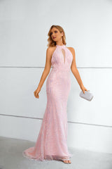 Long Sequins Pink Halter Neckline Formal Prom Evening Dress EN5616